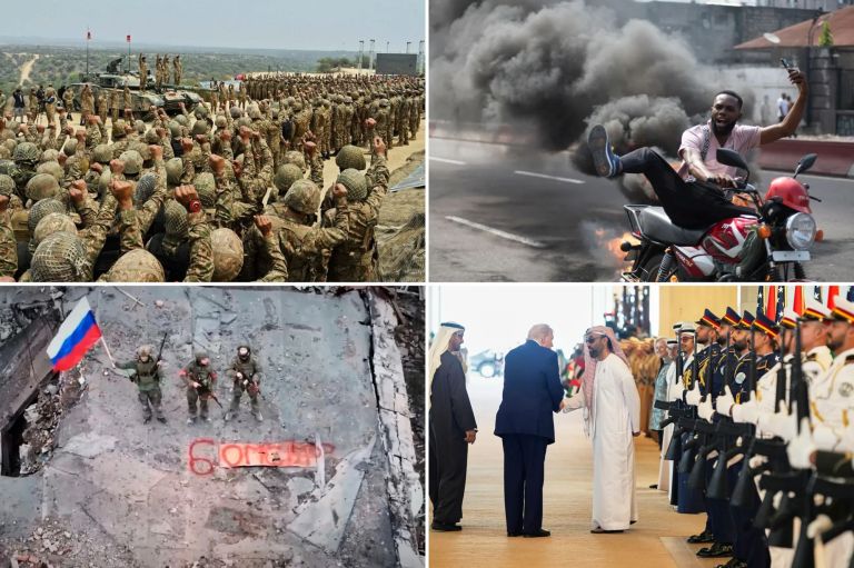 A collage of different conflicts around the world in 2025.