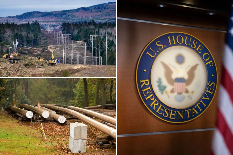 A collage of power lines with machinery cutting down trees, pipes at a construction site, and the Houses's seal.