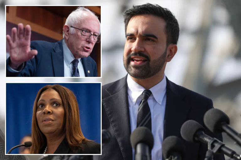 A photo collage of New York Mayor-elect Zohran Mamdani, New York Attorney General Letitia James and Sen. Bernie Sanders (I-VT).