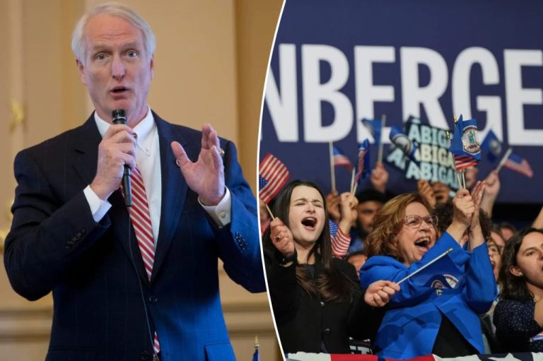 A collage of Virginia Republican state Sen. Mark Peake and Democratic Gov.-elect Abigail Spanberger supporters.