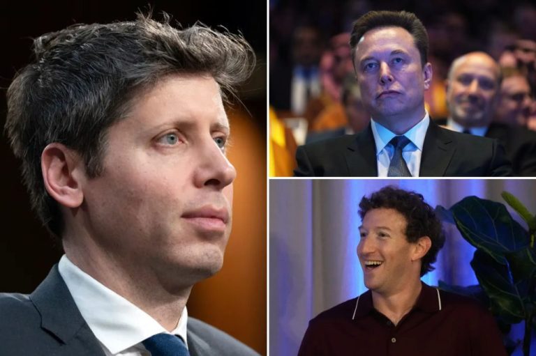 A collage of OpenAI CEO Sam Altman, xAI founder Elon Musk, and Meta CEO Mark Zuckerberg.
