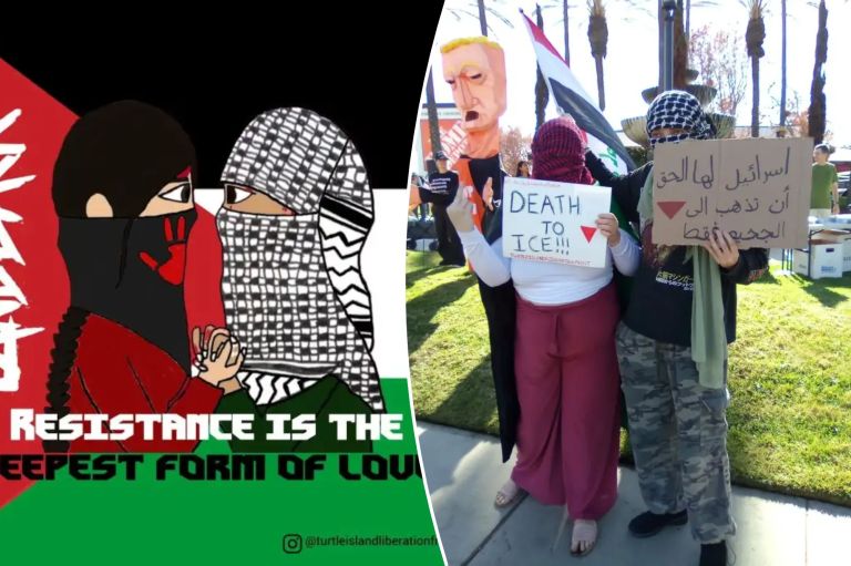 A collage of the Turtle Island Liberation Front's social media graphic in support of Indigenous-Palestinian solidarity and Turtle Island Liberation Front activists wear keffiyehs and hold signs saying 
