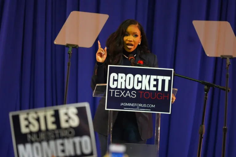 Rep. Jasmine Crockett (D-TX), speaks after announcing her run in the Democratic primary for U.S. Senate Monday.