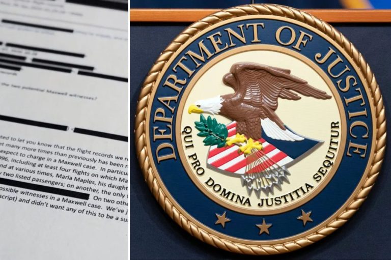 A collage of a document from the Epstein Files and the Department of Justice's seal.