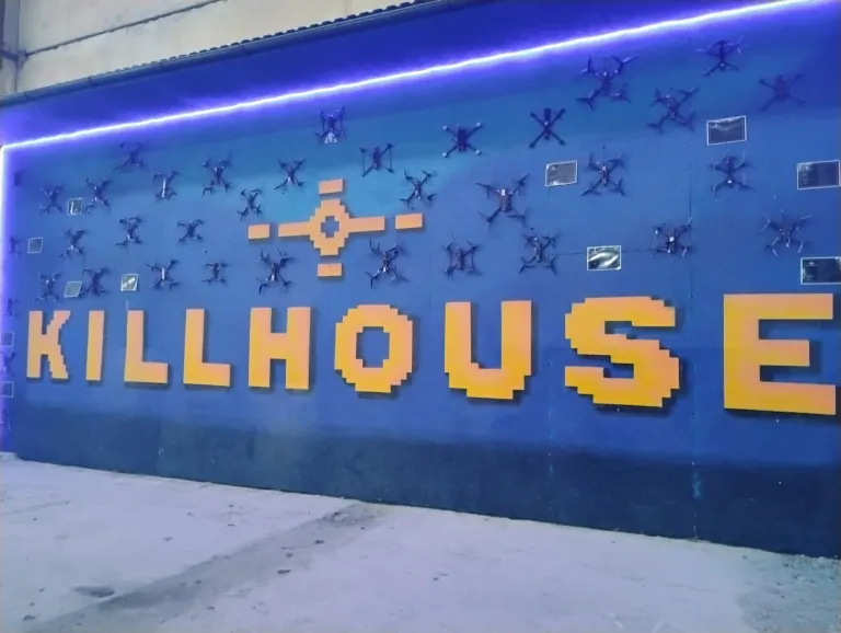 A wall of drones on display at Killhouse, the training and R&D facility of Ukraine's 3rd Assault Brigade.
