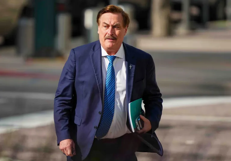 Mike Lindell walks into federal district court for a defamation trial, June 5, 2025, in Denver.