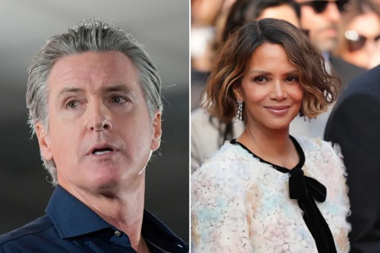 A collage of Gov. Gavin Newsom (D-CA) and actress Halle Berry.