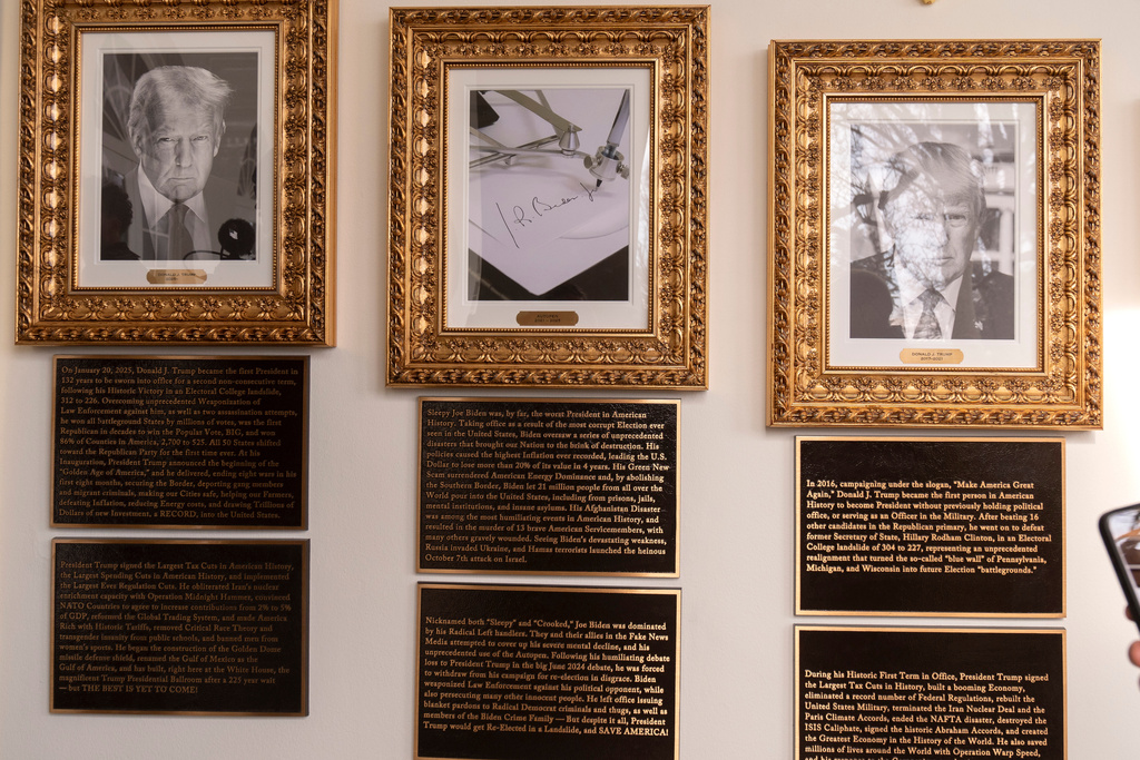 Trump unveils disparaging ‘Presidential Walk of Fame’ plaques under Biden and Obama portraits
