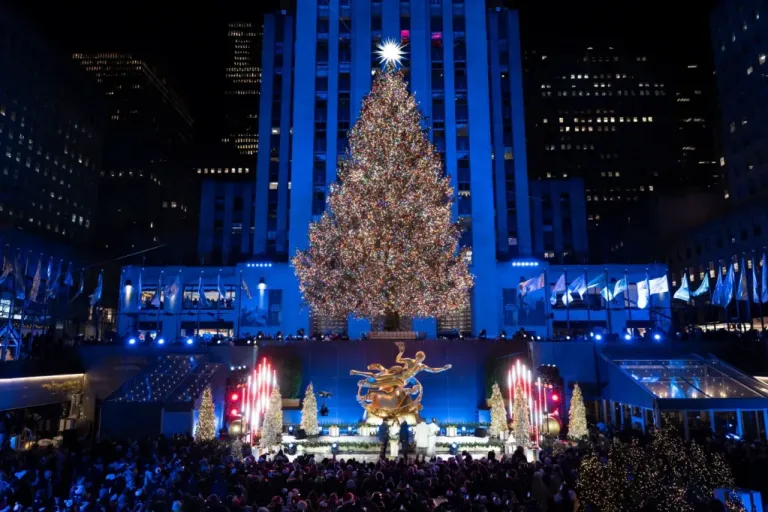 The Rockefeller Center Christmas tree after being lit during the 93rd annual Rockefeller Center Christmas tree lighting ceremony.
