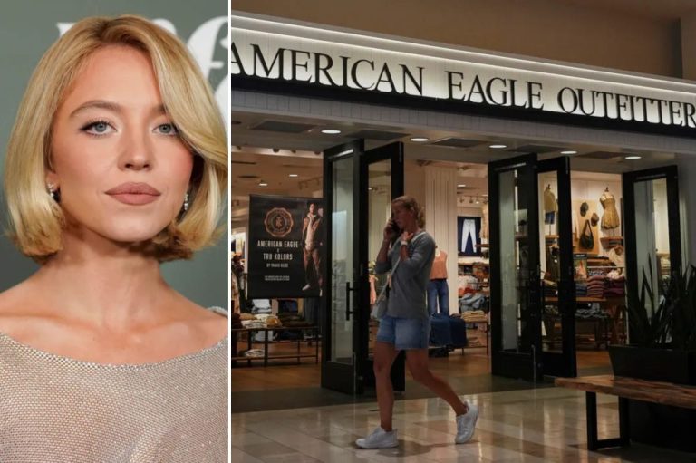 A collage of actress Sydney Sweeney and an American Eagle Outfitters storefront. 