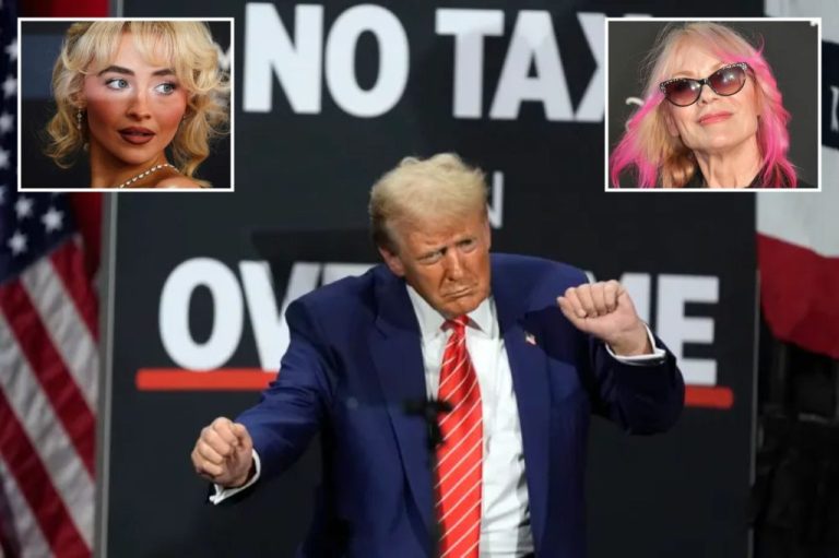 Collage of Donald Trump, Sabrina Carpenter, and Nancy Wilson.