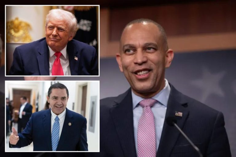 President Donald Trump, Rep. Henry Cuellar (D-TX), and House Minority Leader Hakeem Jeffries (D-NY).