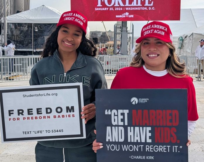 Sarah and Andrea, students at Texas State University, at the 2026 March for Life.