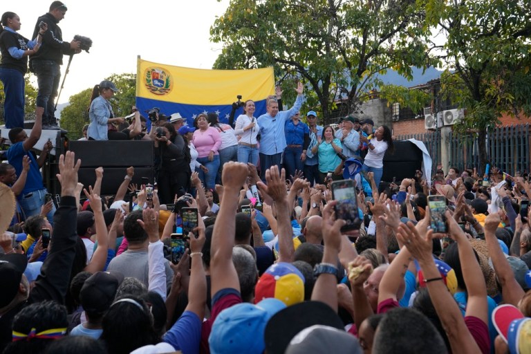 Edmundo González and Mariana Corina Machado speak to supporters in Venezuela