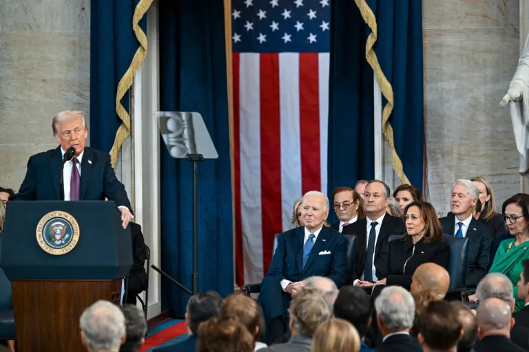 President Donald Trump speaks after taking the oath of office at the 60th Presidential Inauguration in the Rotunda of the U.S. Capitol in Washington, Monday, Jan. 20, 2025.
