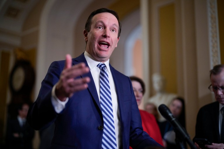 Sen. Chris Murphy speaks with reporters about President Donald Trump's agenda following a Democratic policy lunch, at the Capitol in Washington, Tuesday, Jan. 21, 2025.