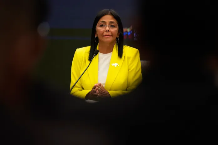 Venezuelan Vice President and Oil Minister Delcy Rodriguez gives a press conference at Miraflores presidential palace in Caracas, Venezuela, Monday, March 10, 2025.