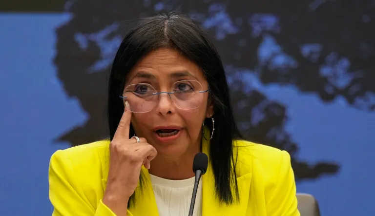 FILE - Venezuelan Vice President and Oil Minister Delcy Rodriguez gives a press conference at Miraflores presidential palace in Caracas, Venezuela, March 10, 2025. (AP Photo/Ariana Cubillos, File)