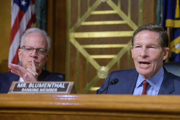 Committee Ranking Member Sen. Richard Blumenthal, D-Conn., questions Secretary of Veterans Affairs Doug Collins during a Senate Committee on Veterans Affairs hearing to examine veterans at the forefront, focusing on the future at the U.S. Department of Veterans Affairs, on Capitol Hill, Tuesday, May 6, 2025, in Washington. (AP Photo/Rod Lamkey, Jr.)