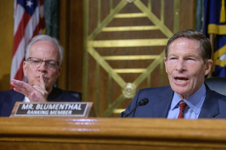 Committee Ranking Member Sen. Richard Blumenthal, D-Conn., questions Secretary of Veterans Affairs Doug Collins during a Senate Committee on Veterans Affairs hearing to examine veterans at the forefront, focusing on the future at the U.S. Department of Veterans Affairs, on Capitol Hill, May 6, 2025. (AP Photo/Rod Lamkey, Jr.)