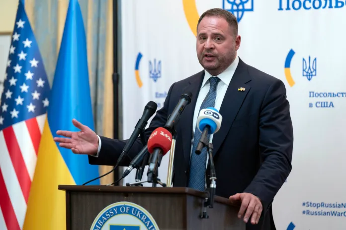 Andriy Yermak speaks at the Ukrainian embassy in Washington