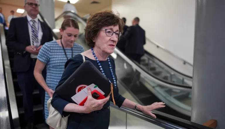 Sen. Susan Collins, R-Maine, chair of the Senate Appropriations Committee, and other senators arrive for a classified briefing about President Donald Trump's directed strikes on Iranian nuclear facilities last weekend and his announcement on Monday that the two countries had reached a ceasefire agreement, at the Capitol in Washington, Thursday, June 26, 2025. (AP Photo/J. Scott Applewhite)
