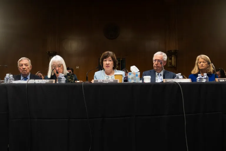 Sen. Richard Durbin, D-Ill., from left, Vice Chairman Sen. Patty Murray, D-Wash., Senate Appropriations Committee Chairman Sen. Susan Collins, R-Maine, Sen. Mitch McConnell, R-Ky., and Sen. Lisa Murkowski, R-Alaska, are seated during a Senate Appropriations Committee meeting