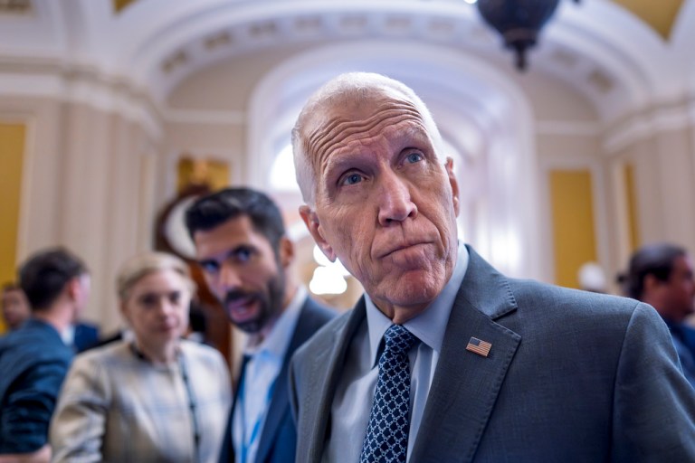 Sen. Thom Tillis, R-N.C., talks to reporters at the Capitol in Washington, Wednesday, July 16, 2025