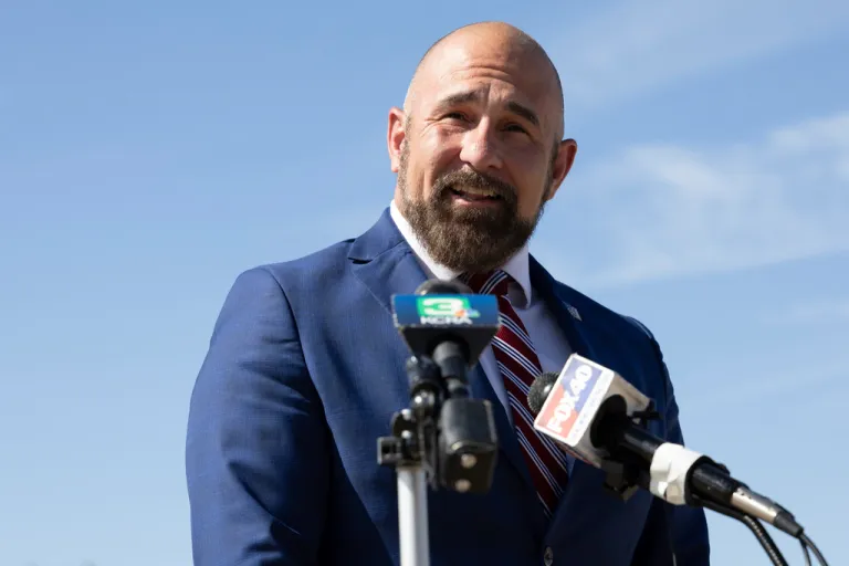 Florida Lt. Gov. Jay Collins makes remarks at a press conference on Aug. 21, 2025, in Stockton, Calif. (AP Photo/Benjamin Fanjoy)