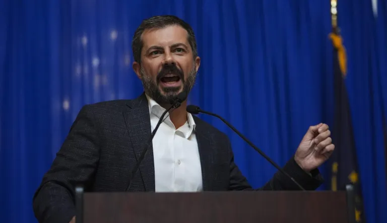 Former Transportation Secretary Pete Buttigieg speaks at a rally at the Statehouse in Indianapolis, Thursday, Sept. 18, 2025 for Indiana Democrats amid pressure from President Donald Trump on Republicans who control the state's legislature to redistrict congressional seats. (AP Photo/Michael Conroy)