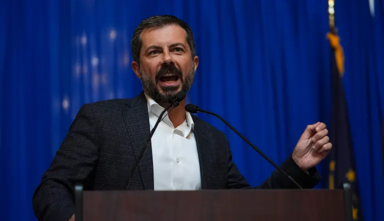 Former Transportation Secretary Pete Buttigieg speaks at a rally at the Statehouse in Indianapolis, Thursday, Sept. 18, 2025 for Indiana Democrats amid pressure from President Donald Trump on Republicans who control the state's legislature to redistrict congressional seats. (AP Photo/Michael Conroy)