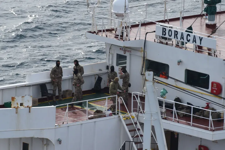 Soldiers stand on the deck on the tanker Boracay that allegedly belongs to Russia's so-called shadow fleet, Thursday, Oct. 2, 2025, off Saint-Nazaire, France's Atlantic coast.