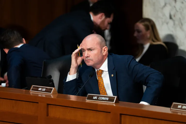 Sen. Mike Lee, R-Utah, at an oversight hearing before the Senate Judiciary Committee, on Capitol Hill in Washington, Tuesday, Oct. 7, 2025. (AP Photo/Allison Robbert)