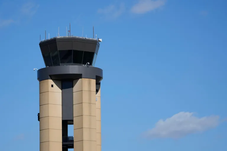 The control tower at Nashville International Airport stands Friday, Oct. 31, 2025, in Nashville, Tenn. (AP Photo/George Walker IV)