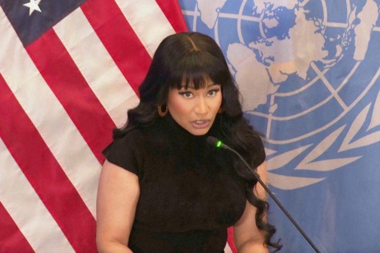 Pop star Nicki Minaj speaks alongside faith leaders at the U.S. Mission in New York.