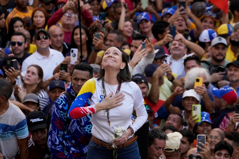 Venezuelan opposition leader Maria Corina Machado addresses supporters at a protest against President Nicolas Maduro in Caracas, Venezuela, Jan. 9, 2025, a day ahead of Maduro's inauguration ceremony where he will be sworn in for a third term. (AP Photo/Ariana Cubillos, File)