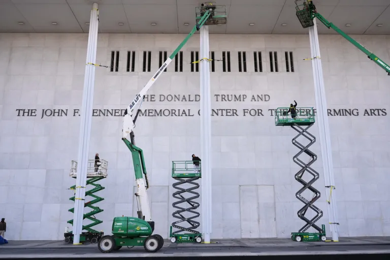 New signage, The Donald J. Trump and The John F. Kennedy Memorial Center For The Performing Arts, is unveiled on the Kennedy Center, Friday, Dec. 19, 2025, in Washington.