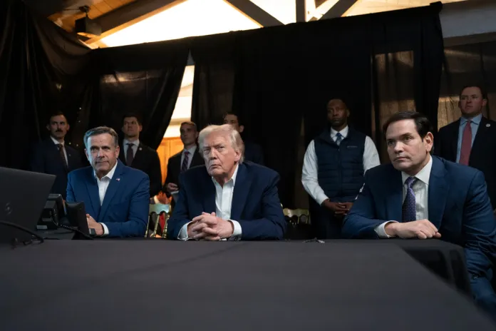 In this photo released by the White House, President Donald Trump monitors U.S. military operations in Venezuela, with CIA Director John Ratcliffe, left, and Secretary of State Marco Rubio at Mar-a-Lago in Palm Beach, Fla., Saturday, Jan. 3, 2026.