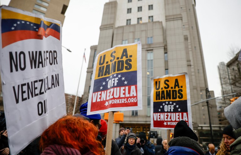 People protest outside Manhattan Federal Court before the arraignment of Venezuelan President Nicolas Maduro.