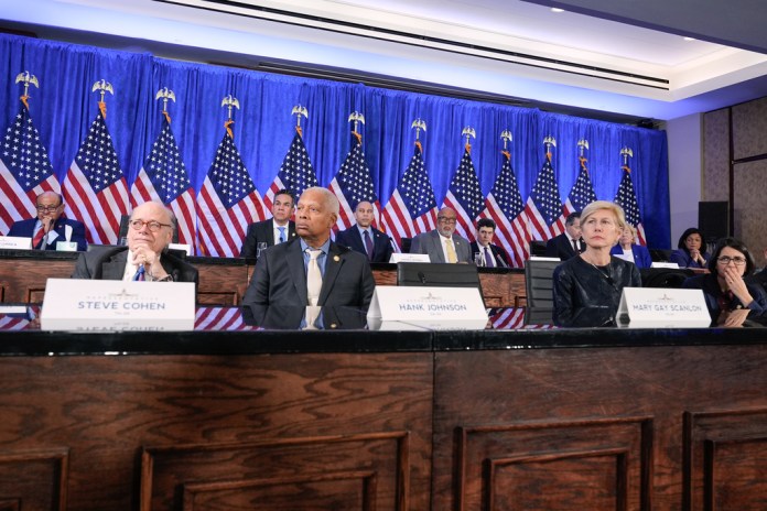 Rep. Pete Aguilar, D-Calif., left, House Minority Leader Hakeem Jeffries, D-N.Y., center, Rep. Bennie Thompson, D-Miss., right and members of the Congress watch a video from the January 6 attack during a hearing on the 5th anniversary of the Jan. 6, 2021.