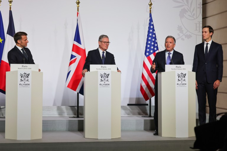 From the left, French President Emmanuel Macron, Britain's Prime Minister Keir Starmer, US Special Envoy Steve Witkoff and Jared Kushner attend a press conference after the signing of the declaration on deploying post-ceasefire force in Ukraine during the 'Coalition of the Willing' summit on security guarantees for Ukraine, at the Elysee Palace in Paris, Tuesday, Jan 6, 2026. (Ludovic Marin, Pool photo via AP)