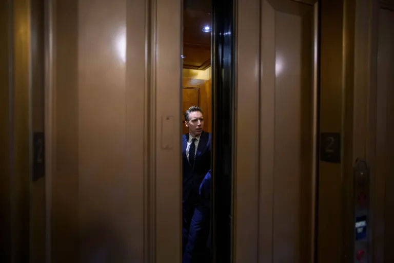 Sen. Josh Hawley, R-Mo., boards an elevator during a vote at the Capitol, Tuesday, Jan. 6, 2026, in Washington