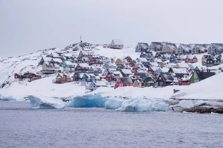Houses covered by snow in Nuuk, Greenland.