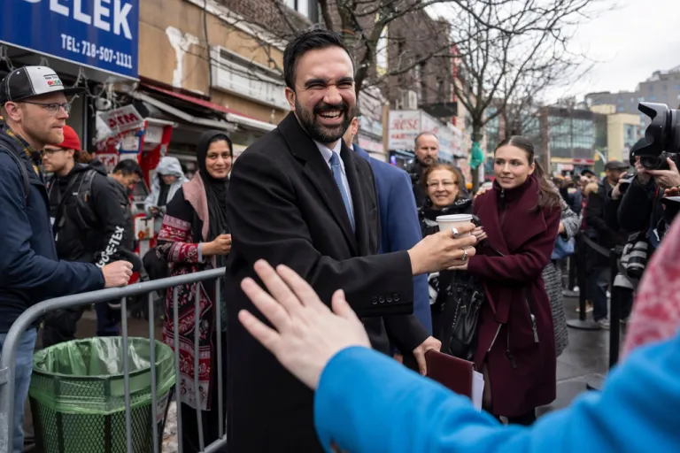 New York Mayor Zohran Mamdani interacts with followers as he leaves a news conference, Wednesday, Jan. 7, 2026, in the Queens neighborhood of New York. (AP Photo/Yuki Iwamura)