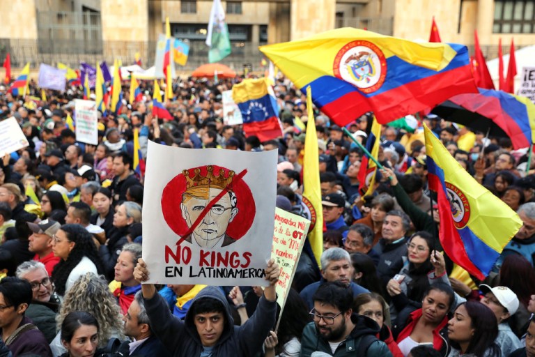 Petro supporters protest against Trump's interventionism in Bogota.