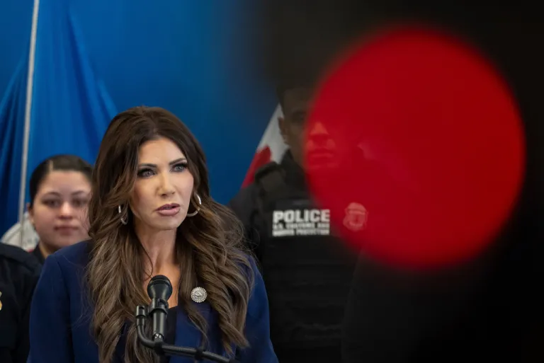 U.S. Homeland Security Secretary Kristi Noem speaks during a press conference in New York