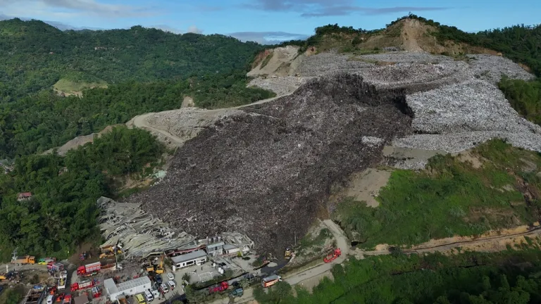 An aerial view of a huge mound of garbage that collapsed at a waste segregation facility in Binaliw, Cebu city on Friday, Jan. 9, 2026.
