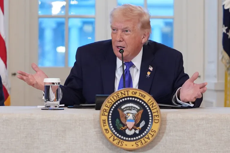 President Donald Trump speaks during a meeting with oil executives in the East Room of the White House.