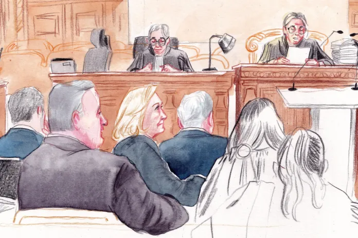 In this courtroom sketch, French right-wing leader Marine Le Pen appears in court with other members of the National Rally party.