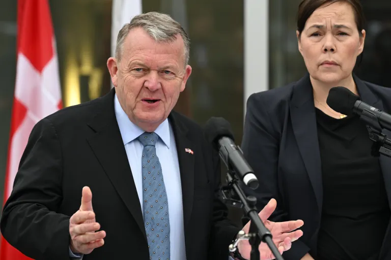 Denmark's Foreign Minister Lars Løkke Rasmussen and Greenland's Foreign Minister Vivian Motzfeldt speak at a news conference at the Danish Embassy in Washington.